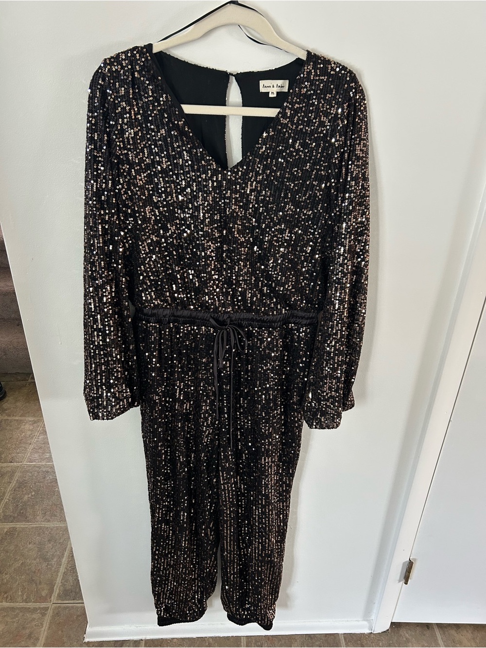 Sequin Long-Sleeve Jumpsuit with Drawstring Waist